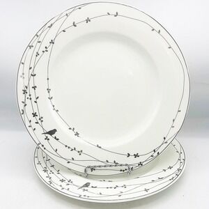Circa Oiseau Dinner Plates 10.5" White Silver Bird Vine Set of 2